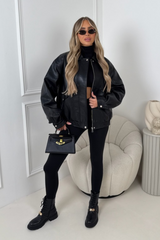 Orla black faux leather bomber jacket