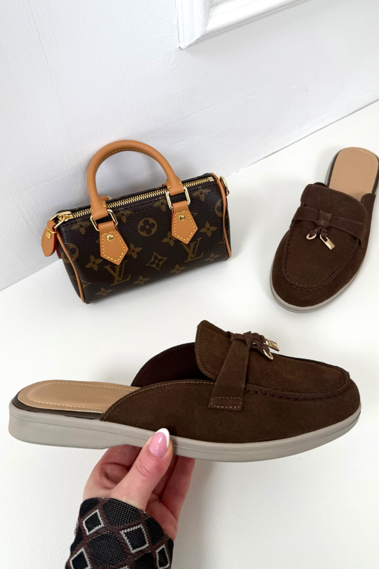 AMELIA CHOCOLATE FAUX SUEDE GOLD TASSLE BACKLESS MULE