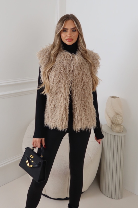 DULCIE MONGOLIAN FAUX FUR GILET BEIGE