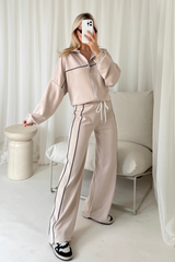 Erin beige contrast piping zip sweater & trouser loungewear
