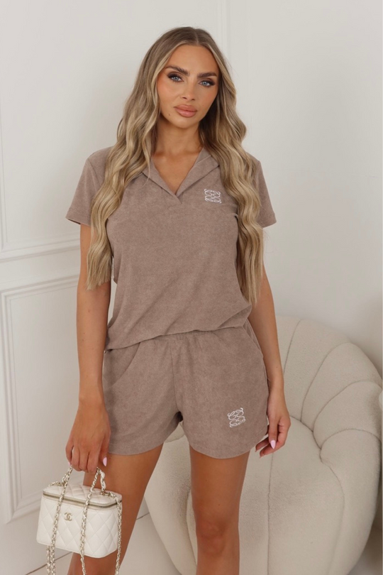 GeGe mocha embroidered towelling polo shorts co-ord