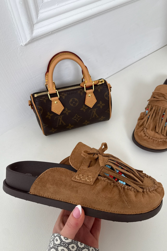 ORLANDA CAMEL FAUX SUEDE BEADED TASSLE MULE