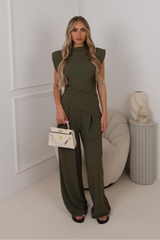 Steph khaki sleeveless top and trouser co-ord