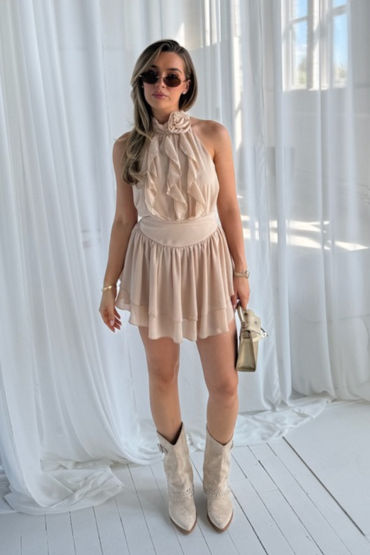 Kayla beige ruffle halterneck top & skirt co ord