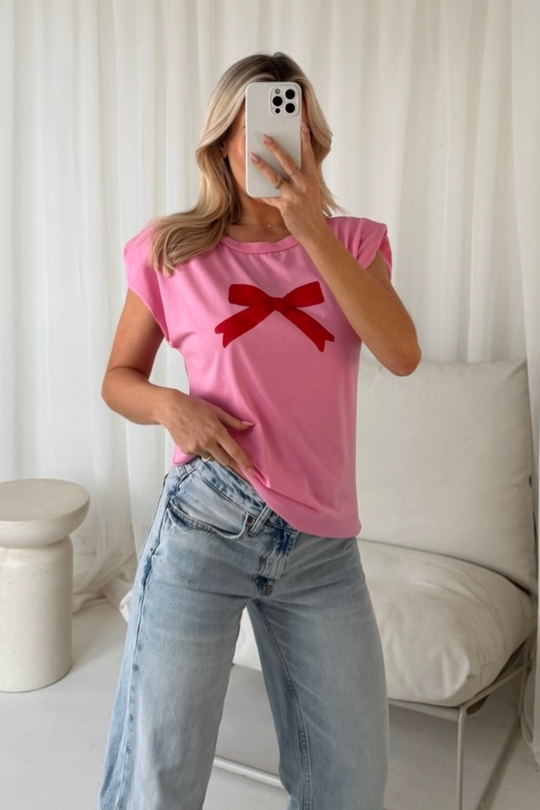 Bow pink printed shoulder pad t-shirt