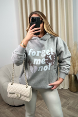 Forget me not melange grey printed relaxed hoodie