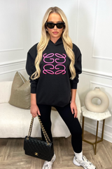 Gege Black Embroidered With Pink Premium Essential Relaxed Hoodie Hoodie