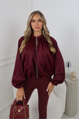 MEADOW BURGUNDY SATIN ZIP UP BOMBER