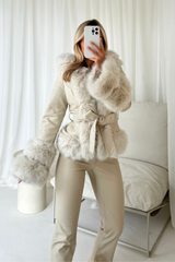 Emelia Cream hooded faux leather Faux fur coat