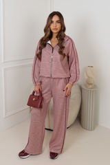SAINTA BURGUNDY STRIPED ZIP HIGH NECK JACKET & TROUSER SET