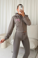 Bow embroidered slate grey cropped hoodie & flared leg jogger loungewear