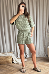 Nadine khaki floral towelling t-shirt & shorts co ord One size (6-10) co-ord