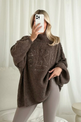 Ski resort taupe embroidered oversized knit jumper