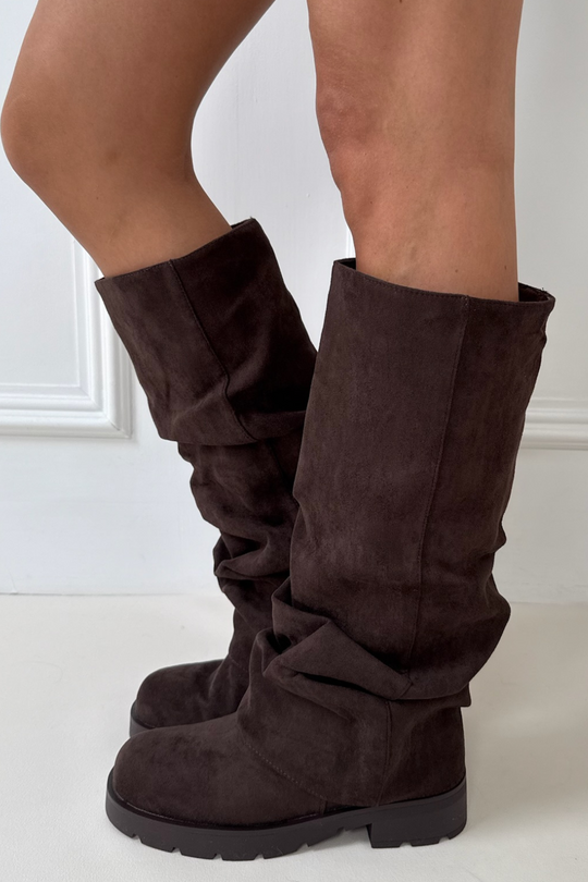 Emilia brown faux suede ruched fold over flat boots