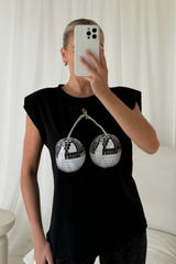Disco cherry black shoulder pad t-shirt