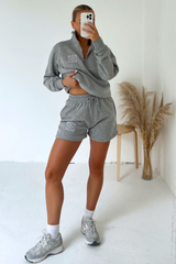 Gege Melange Grey Embroidered Premium 3/4 Short Loungewear Set