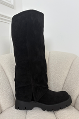 Alivia black faux suede knee high flat boots