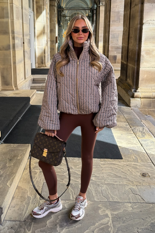 FIORA BEIGE CHECK PRINT HIGH NECK PUFFER JACKET