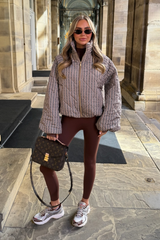 FIORA BEIGE CHECK PRINT HIGH NECK PUFFER JACKET