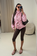 GABRIELLA PINK POLKA DOT BELTED PUFF SLEEVE HIGH NECK JACKET