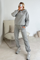 Love 3D embroidery melange grey hoodie joggers premium loungewear