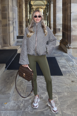FIORA KHAKI CHECK PRINT HIGH NECK PUFFER JACKET