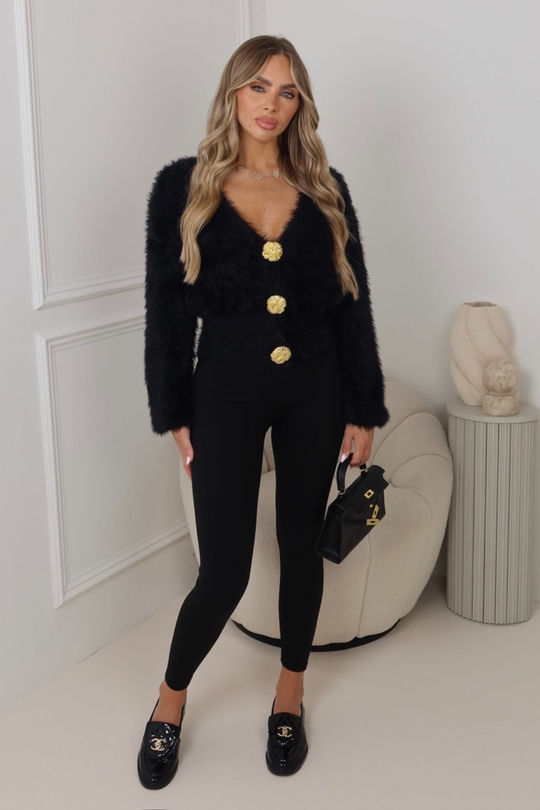 Maddie black fluffy knit gold button cardigan