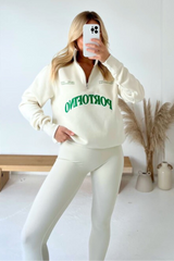 Portofino ecru and green embroidered 3/4 zip sweater