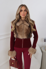 ARIANA BURGUNDY KNITTED ZIP UP CARDIGAN WITH FUR COLLAR