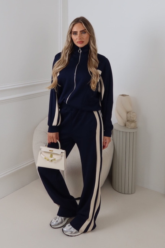 FRANKIE NAVY DOUBLE STRIPED TROUSER LOUNGEWEAR SET