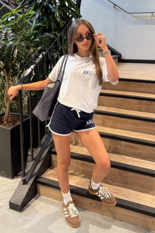 Mini run club white & navy printed t-shirt and mini shorts