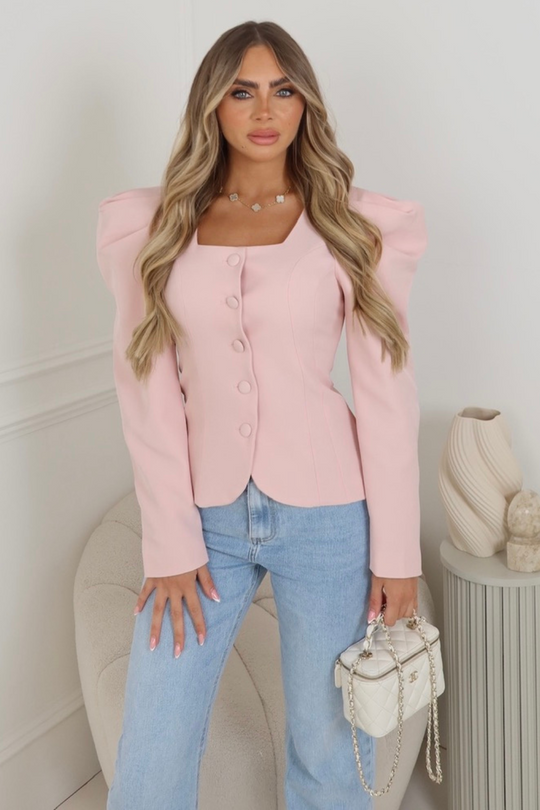 Siobhan pink square neck button detail blazer