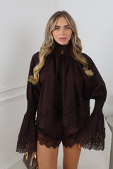 MEG CHOCOLATE HIGH NECK LACE TRIM BLOUSE