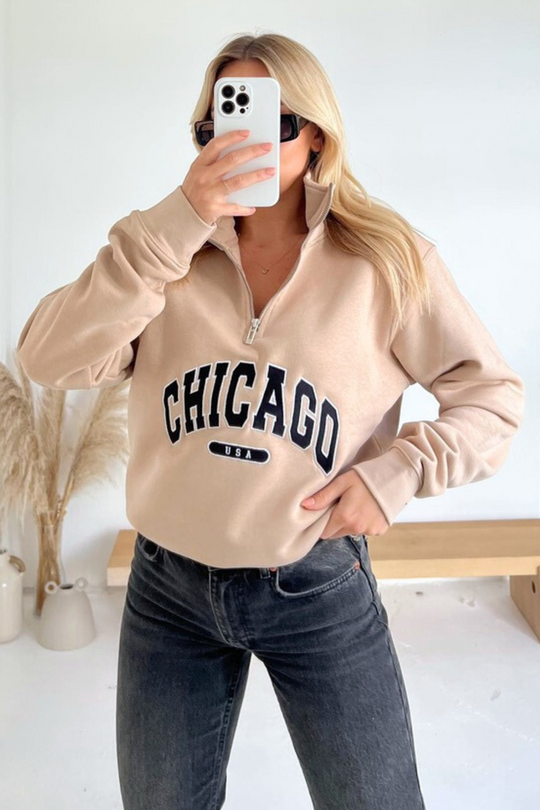 Chicago stone embroidered 3/4 zip sweater