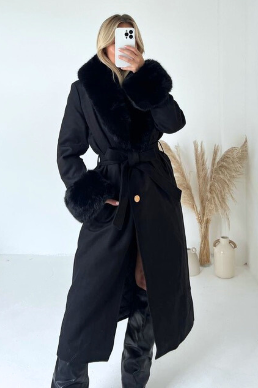 Long black faux fur coat with hood on sale
