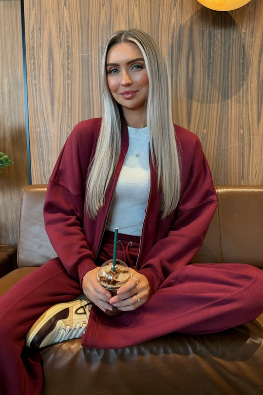 Rosie burgundy bomber jacket and straight leg jogger loungewear