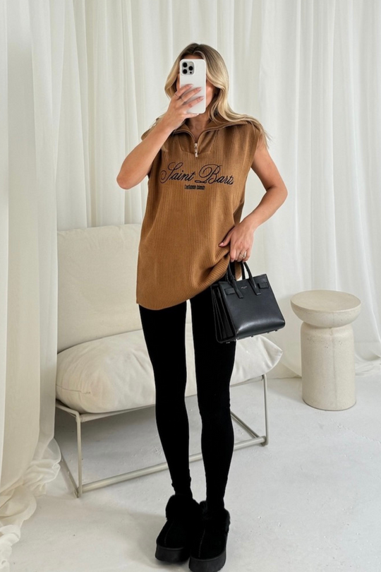 Saint Barts camel embroidered knit 3/4 zip sweater vest