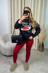 Now or never black printed sweater and red legging set