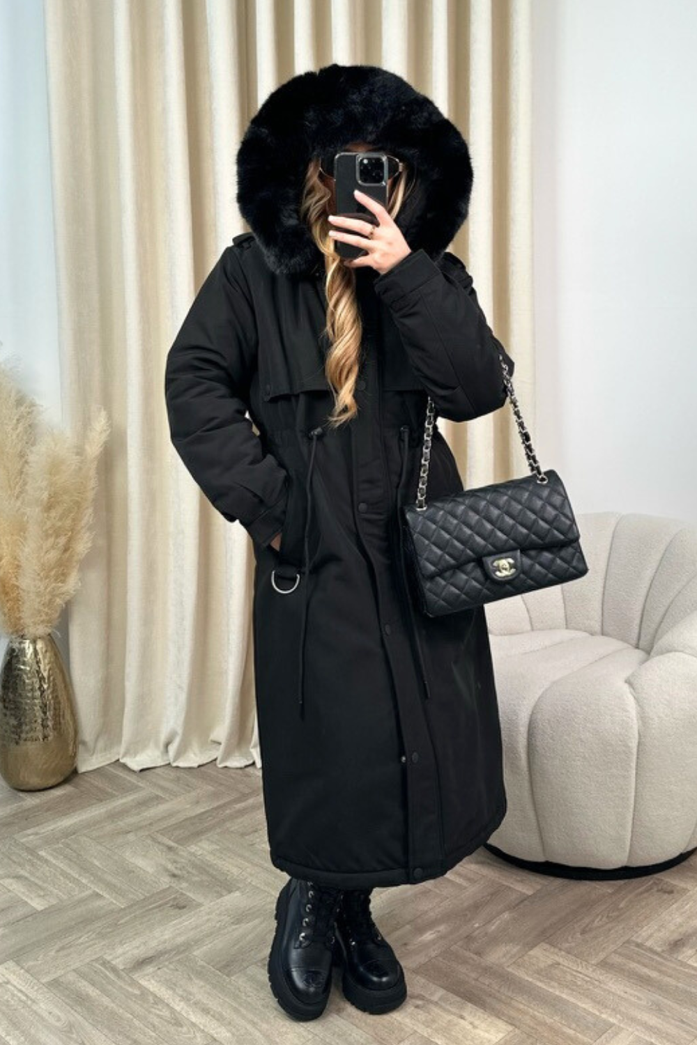 Freya black hooded faux fur duvet coat Glamify Famous For Loungewear