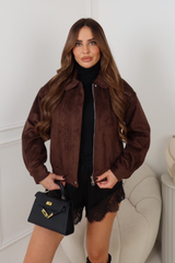 TIFANY CHOCOLATE FAUX SUEDE COLLARED JACKET
