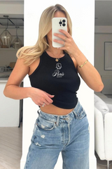 Paris Crest Black Embroidered Ribbed Vest