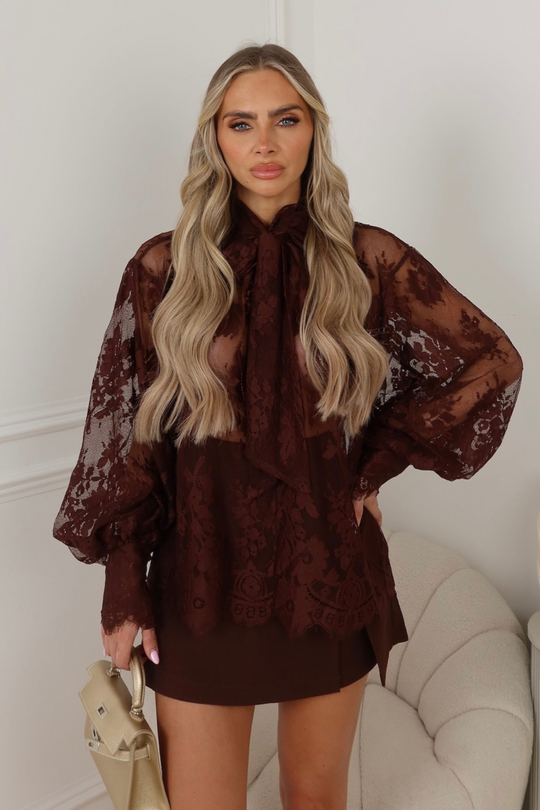 Bella chocolate lace bow neck blouse