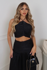 Mila black halterneck crop & midi skirt co ord co-ord