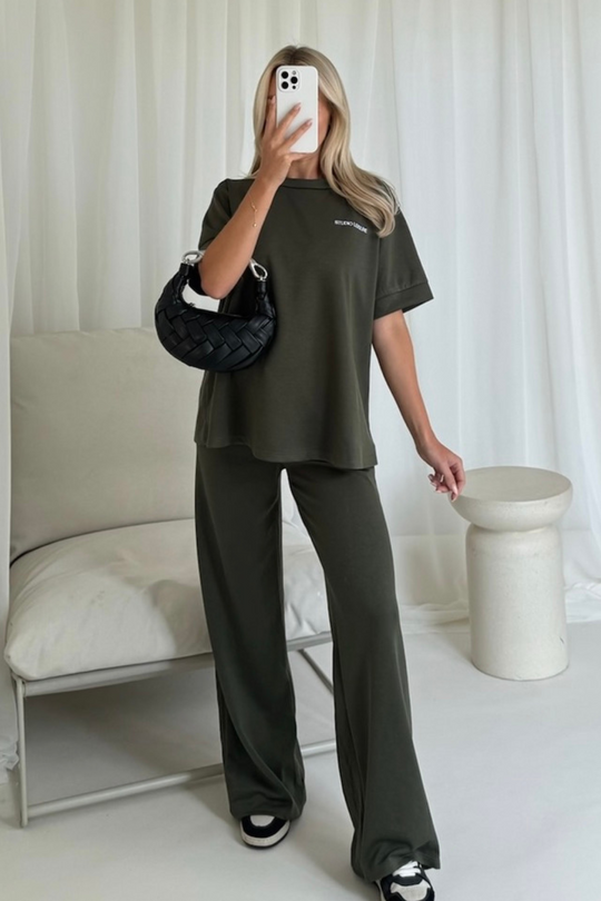 Studio Leisure khaki embroidered t-shirt straight leg jogger loungewear