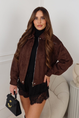 TIFANY CHOCOLATE FAUX SUEDE COLLARED JACKET