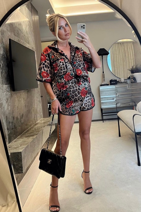 Rosa leopard printed satin bralette shirt and shorts co-ord