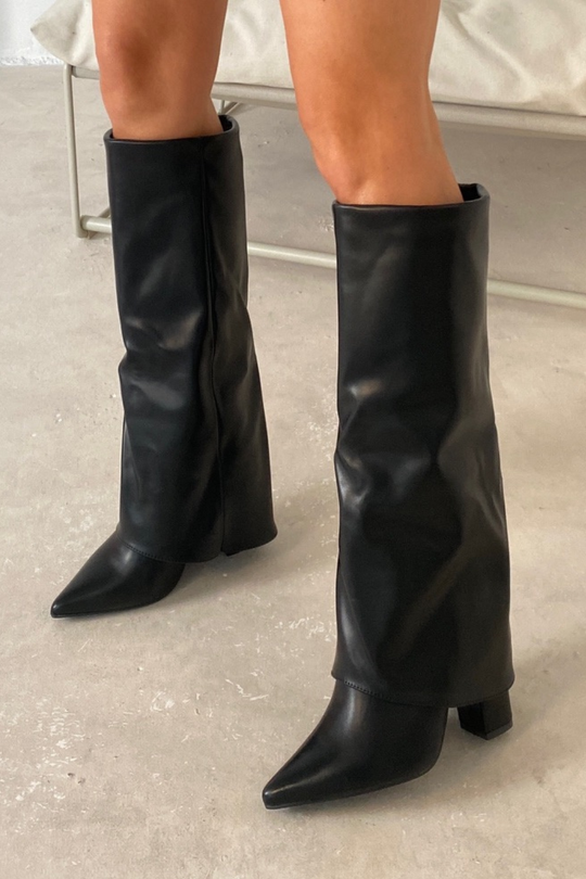 Tammy black knee high fold over heel boot