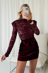 Camila burgundy lace and velvet bow dress