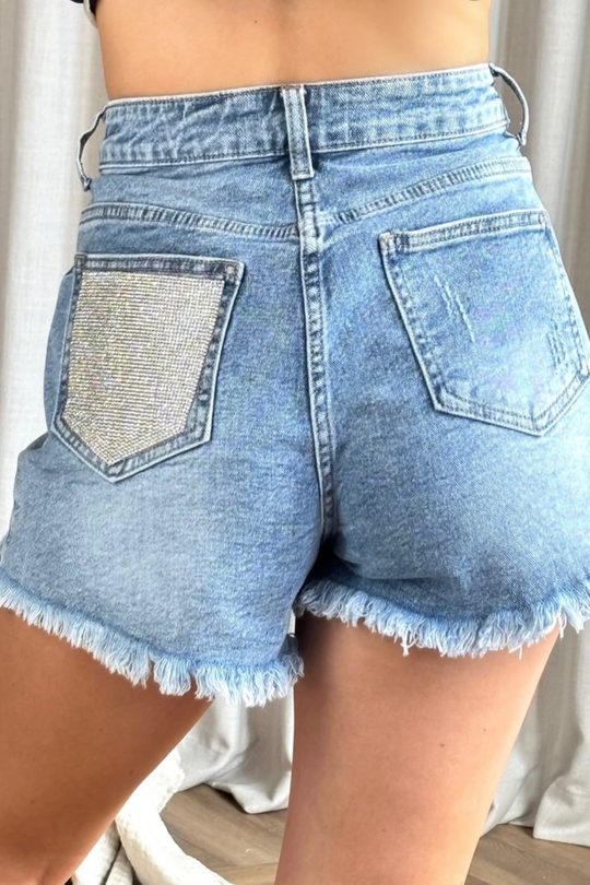 Thea blue diamante pocket denim shorts