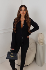 Macy black rib knit button front top